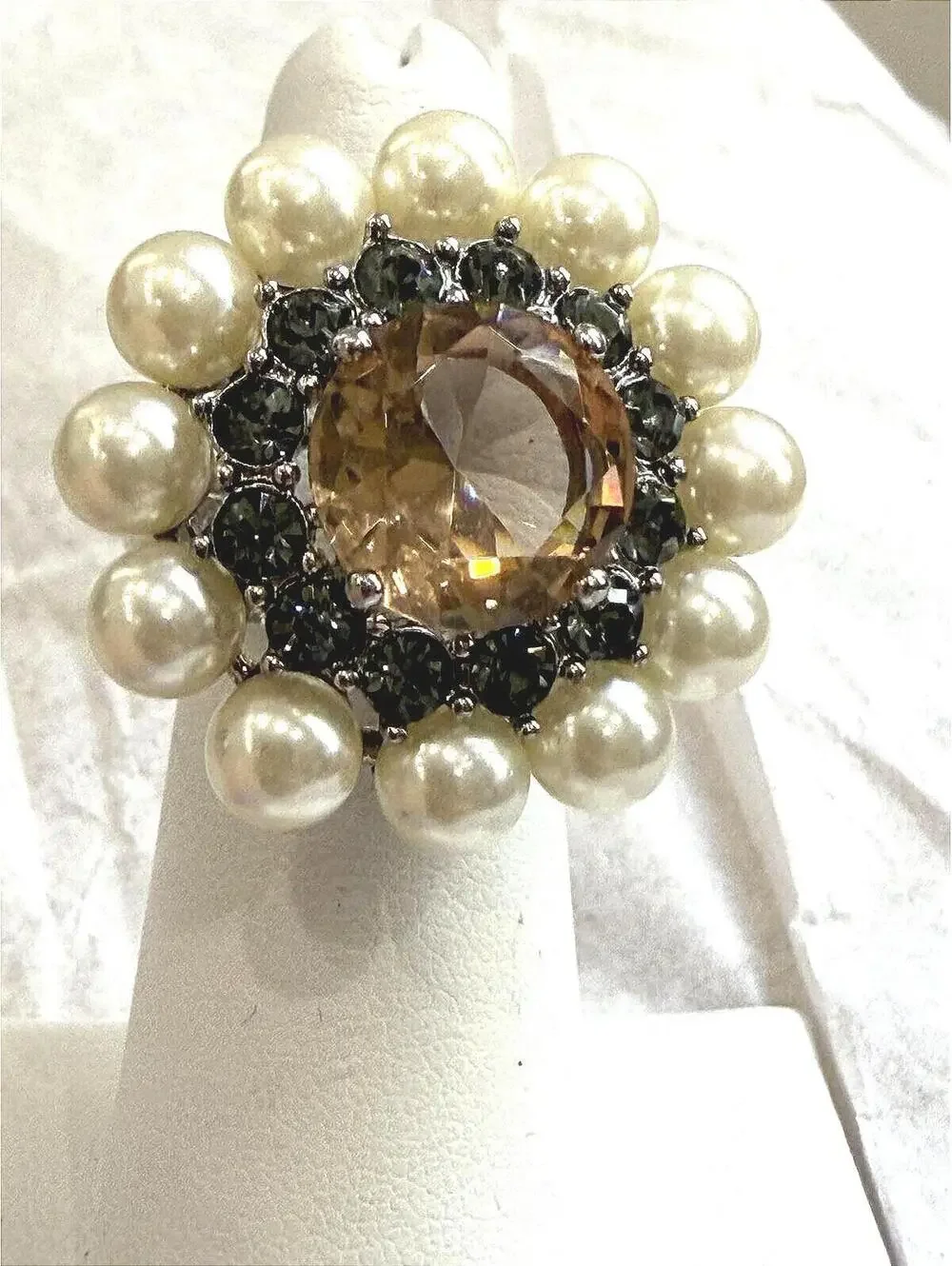 Elegant Pearl and Smoky Crystal Cocktail Ring Size 8.25